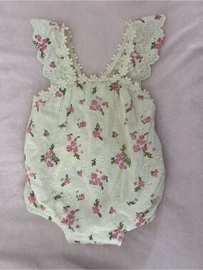 Zara White Eyelet One-Piece with Pink Floral Print